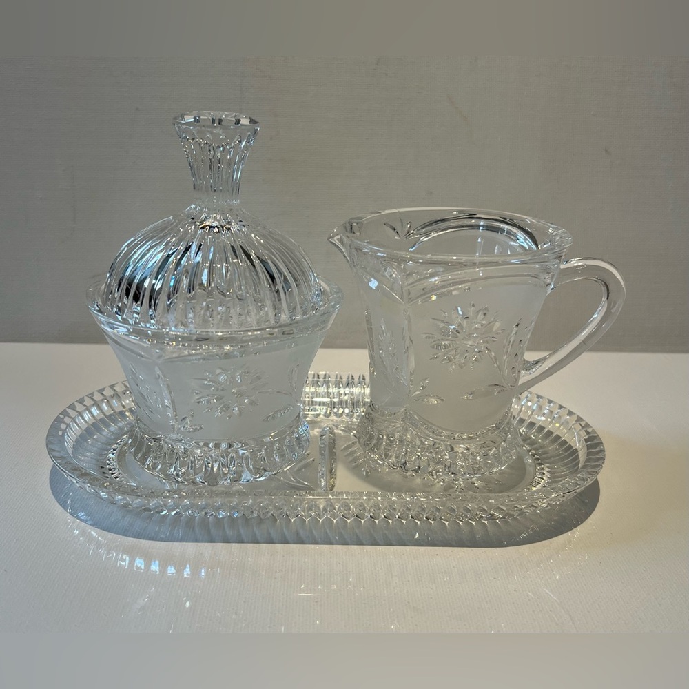 Lausitzer Germany Hand Cut Lead Crystal Frosted Creamer Sugar Bowl Under…